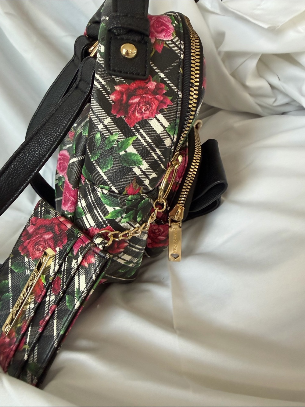Betsey Johnson Black Plaid Floral Cat Mini Backpack - Picture 4 of 14